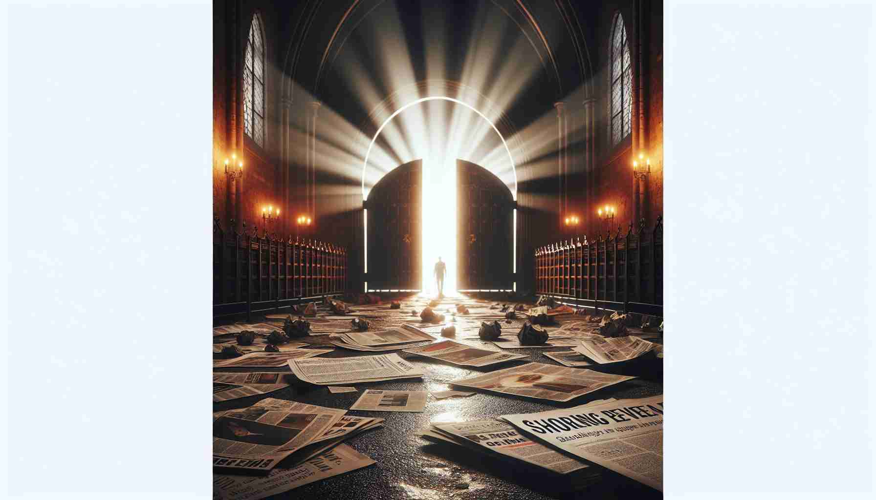 An image representing the metaphorical concept of shocking revelations. A symbolic image to represent the idea of truth being exposed. The focus should be on a gateway, which is lit in a dramatic manner to symbolize a path to transparency, with lots of newspapers, articles, and newsprints scattered on the floor nearby, giving hints of a scandal. The gateway is in a church setting which encapsulates the seriousness of the topic. The atmosphere around is tense and the overall image creates a sense of anticipation and worry.