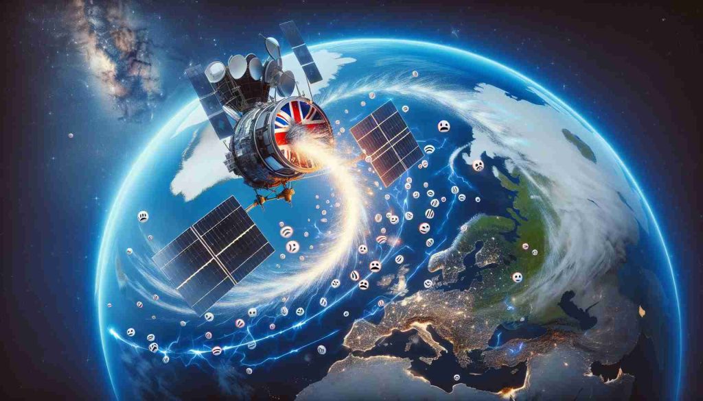 A realistic HD image depicting a metaphorical representation of a UK-backed satellite company experiencing backlash. This could be displayed in various elements such as a satellite orbiting the Earth with lightning bolts or negative emoticons swirling around it. The backdrop can be an expansive view of space, with constellations and distant galaxies. The Earth is visible in the lower part of the scene, showcasing Europe and particularly the UK. On the other side of the Earth, you can depict Russia, perhaps with radio waves symbolizing broadcasts emitting from it. Try to incorporate a feeling of tension or conflict.