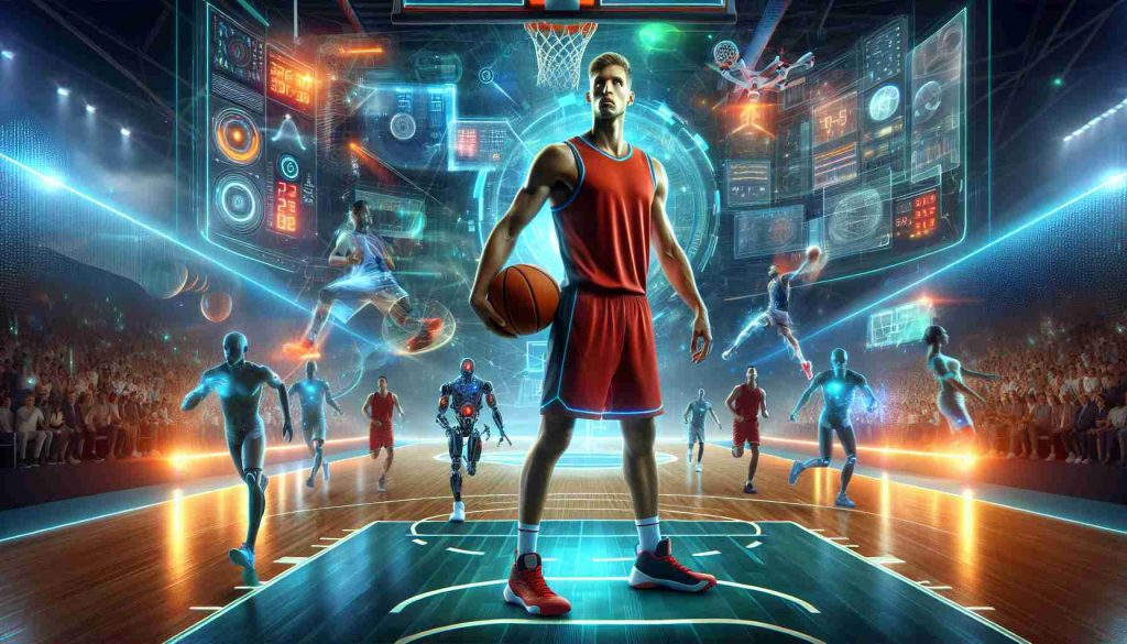 Generate a realistic HD image of a tall, athletic male basketball player who is holding a basketball, against a background that envisions the future of basketball. This future includes cutting-edge technology such as holographic scoreboards, advanced training equipment, and innovative gameplay devices. Let's add a glimpse of the court evolving with hi-tech LED displays, robots and drones hovering around for support. All surrounded by a vibrant energetic thrilling atmosphere. This must not be a depiction of any specific real person, but a representation of the modern player interacting with technological revolution.