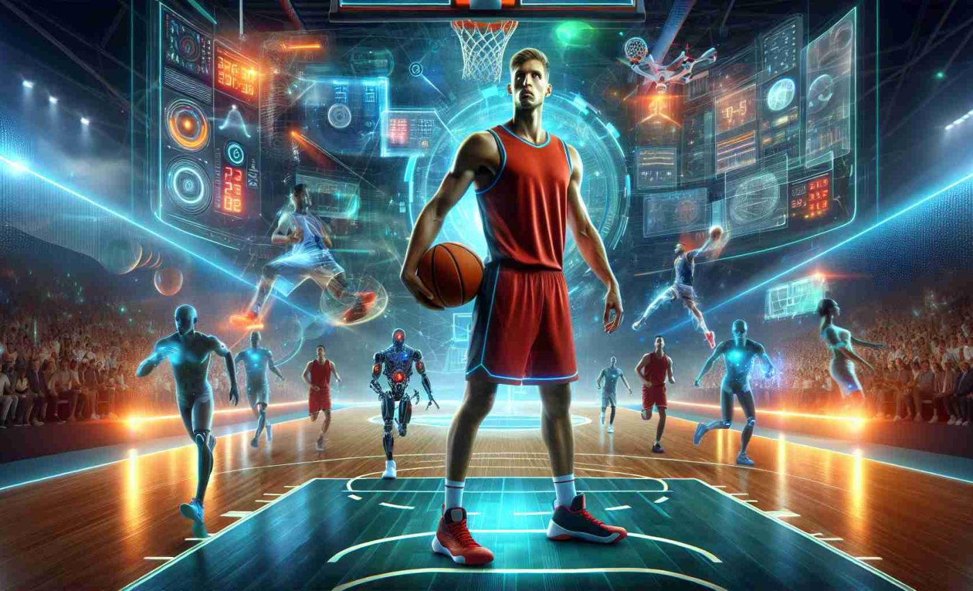 Generate a realistic HD image of a tall, athletic male basketball player who is holding a basketball, against a background that envisions the future of basketball. This future includes cutting-edge technology such as holographic scoreboards, advanced training equipment, and innovative gameplay devices. Let's add a glimpse of the court evolving with hi-tech LED displays, robots and drones hovering around for support. All surrounded by a vibrant energetic thrilling atmosphere. This must not be a depiction of any specific real person, but a representation of the modern player interacting with technological revolution.