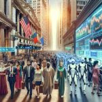 Realistic HD portrayal of a futuristic Wall Street scenario where artificial intelligence is heavily integrated. Half of the image should represent the modern Wall Street with usual hustle and bustle, historical buildings, and stock market illustrations. The other half should seamlessly transition into a high-tech future in which AI machines are conducting trading, there are futuristic screens displaying stock market trends, and robotic attendants assisting humans. The humans in the scene should include both men and women of varying descents, like Middle-Eastern, Hispanic, South-Asian, Caucasian, and Black, portraying a diverse and inclusive society.