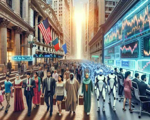 Realistic HD portrayal of a futuristic Wall Street scenario where artificial intelligence is heavily integrated. Half of the image should represent the modern Wall Street with usual hustle and bustle, historical buildings, and stock market illustrations. The other half should seamlessly transition into a high-tech future in which AI machines are conducting trading, there are futuristic screens displaying stock market trends, and robotic attendants assisting humans. The humans in the scene should include both men and women of varying descents, like Middle-Eastern, Hispanic, South-Asian, Caucasian, and Black, portraying a diverse and inclusive society.