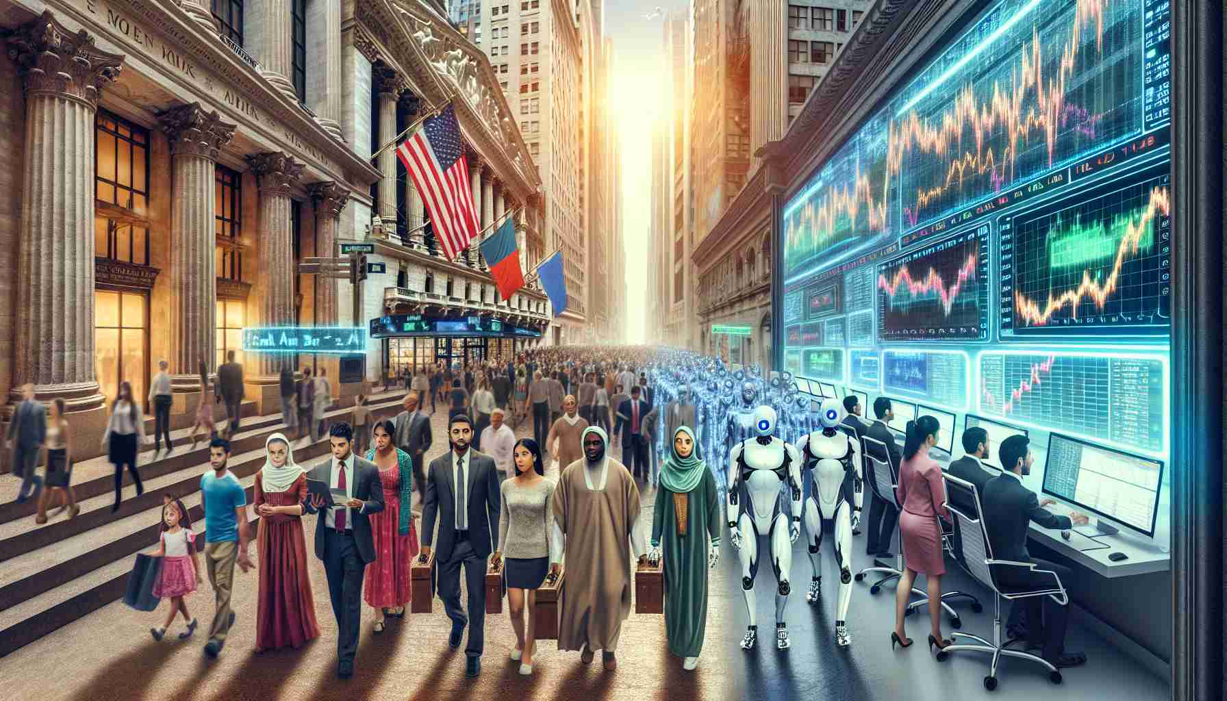 Realistic HD portrayal of a futuristic Wall Street scenario where artificial intelligence is heavily integrated. Half of the image should represent the modern Wall Street with usual hustle and bustle, historical buildings, and stock market illustrations. The other half should seamlessly transition into a high-tech future in which AI machines are conducting trading, there are futuristic screens displaying stock market trends, and robotic attendants assisting humans. The humans in the scene should include both men and women of varying descents, like Middle-Eastern, Hispanic, South-Asian, Caucasian, and Black, portraying a diverse and inclusive society.