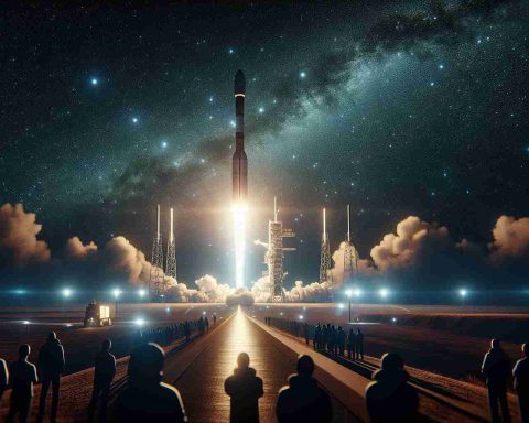 Generate a realistic, high definition image of a private space company launching a clandestine satellite network during an important night mission. The view captures the rocket's powerful ascent into the star-filled sky, filled with anticipation and wonder. The launch site is well-lit, contrasting sharply with the surrounding darkness, as spectators watch from a safe distance, their faces reflecting the bright light from the rocket's engines.