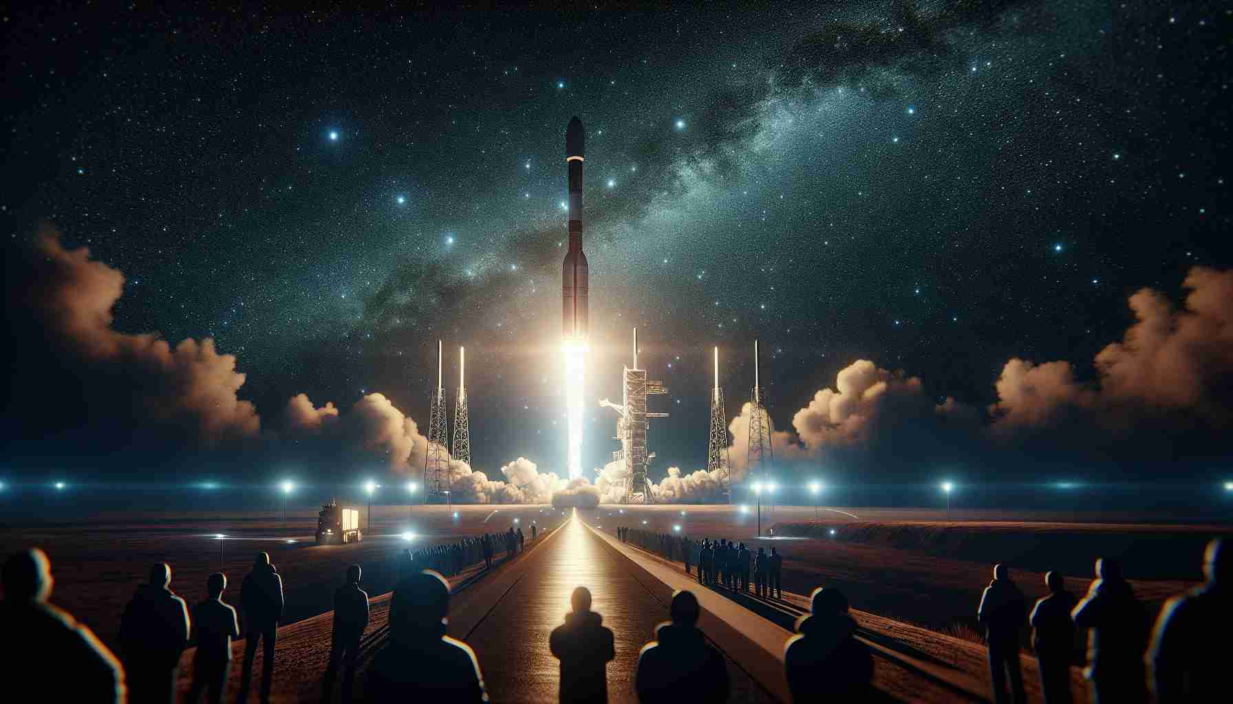 Generate a realistic, high definition image of a private space company launching a clandestine satellite network during an important night mission. The view captures the rocket's powerful ascent into the star-filled sky, filled with anticipation and wonder. The launch site is well-lit, contrasting sharply with the surrounding darkness, as spectators watch from a safe distance, their faces reflecting the bright light from the rocket's engines.