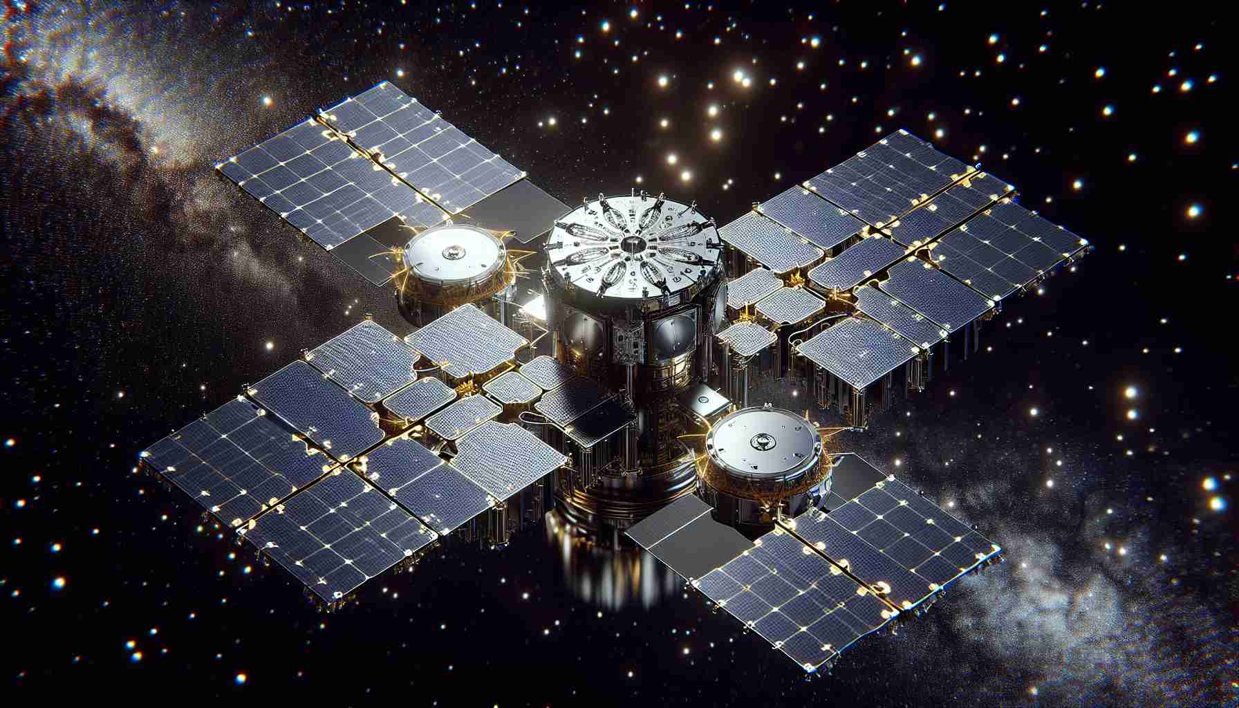 Detailed high-definition image of a futuristic satellite array, called Starlink, meant primarily for delivering global connectivity through direct-to-cell technology. The array is placed vividly against a backdrop of the dark star-studded cosmos, clearly displaying the cutting-edge design and technology. Subtle twinkles of starlight reflect off the shiny metallic surface of the satellites, highlighting their complex structure and them being in low Earth orbit.