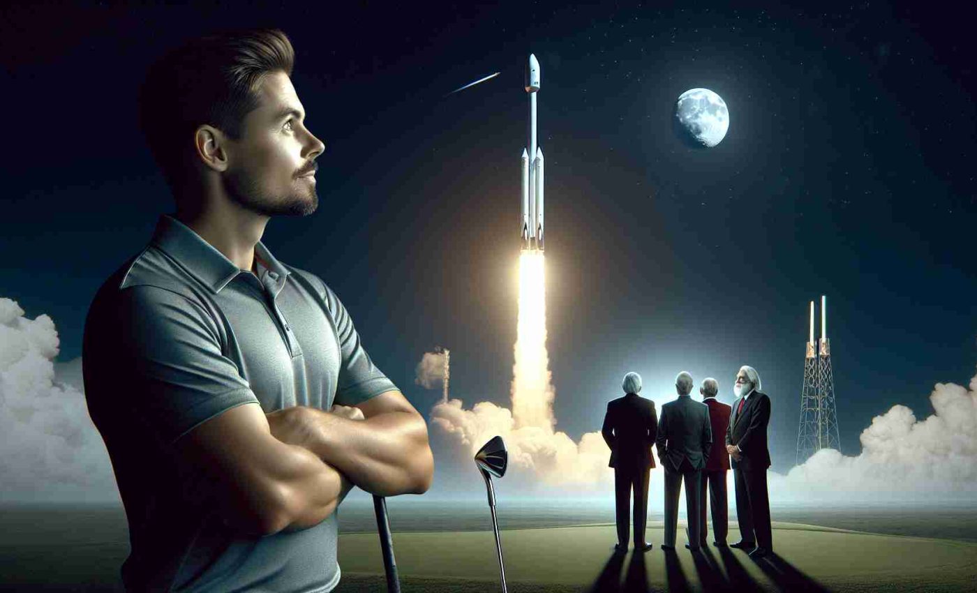 A high-definition, realistic image of a well-built, Caucasian golf player witnessing a SpaceX launch. He is in the company of unidentified individuals who are considered legends. The golf player and legends are all gazing in awe towards the night sky, where the rocket launch is happening. There's a distinct trail of smoke and light from the ascending rocket, and stars are also visible in the sky.