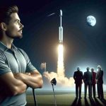 A high-definition, realistic image of a well-built, Caucasian golf player witnessing a SpaceX launch. He is in the company of unidentified individuals who are considered legends. The golf player and legends are all gazing in awe towards the night sky, where the rocket launch is happening. There's a distinct trail of smoke and light from the ascending rocket, and stars are also visible in the sky.