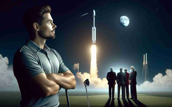 A high-definition, realistic image of a well-built, Caucasian golf player witnessing a SpaceX launch. He is in the company of unidentified individuals who are considered legends. The golf player and legends are all gazing in awe towards the night sky, where the rocket launch is happening. There's a distinct trail of smoke and light from the ascending rocket, and stars are also visible in the sky.