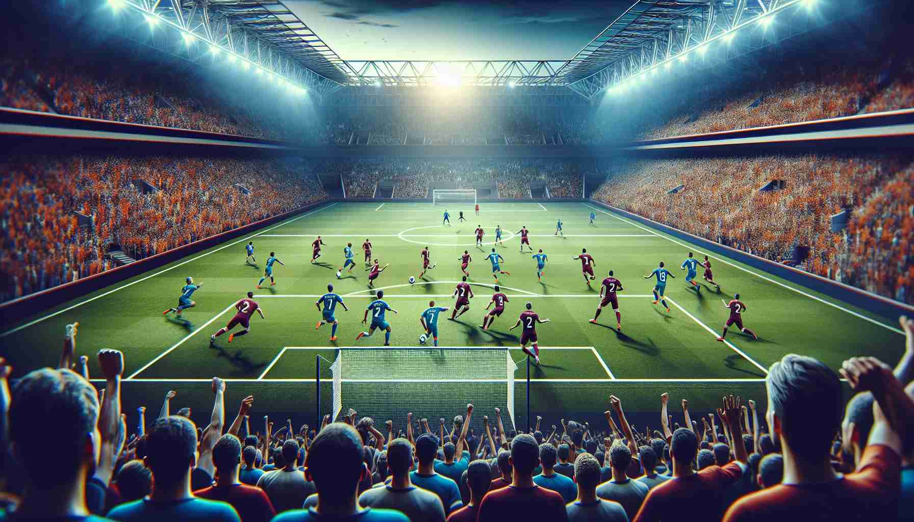 Generate a hyper-realistic, high-definition image of a gripping football match where the team known for its fluid attacking style is clashing with a team notorious for its unyielding defense. The stadium is packed with cheering fans eagerly watching as both teams exhibit their skills and strategies. The colors of the teams' jerseys are clearly visible: one team is outfitted in vibrant blue and garnet, while the opposing team is garbed in a striking combination of blue and white.