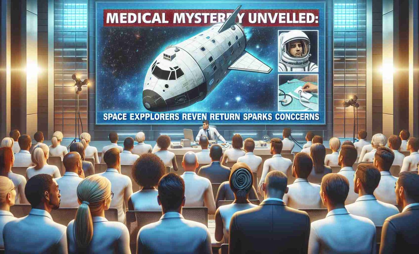 Create a realistic, high-definition graphical representation of a headline news event, reading 'Medical Mystery Unveiled: Space Explorers' Return Sparks Concerns.' The image should include elements such as a generic spacecraft returning to earth, potentially some medical equipment to signify the 'medical mystery', concerned facial expressions of ground crew in mission control. The people around mission control can be diverse with an equal distribution of men and women from various descents like Caucasian, Hispanic, Black, Middle-Eastern, and South Asian.