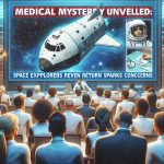 Create a realistic, high-definition graphical representation of a headline news event, reading 'Medical Mystery Unveiled: Space Explorers' Return Sparks Concerns.' The image should include elements such as a generic spacecraft returning to earth, potentially some medical equipment to signify the 'medical mystery', concerned facial expressions of ground crew in mission control. The people around mission control can be diverse with an equal distribution of men and women from various descents like Caucasian, Hispanic, Black, Middle-Eastern, and South Asian.