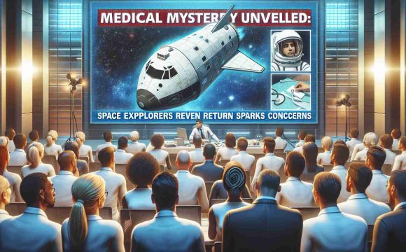 Create a realistic, high-definition graphical representation of a headline news event, reading 'Medical Mystery Unveiled: Space Explorers' Return Sparks Concerns.' The image should include elements such as a generic spacecraft returning to earth, potentially some medical equipment to signify the 'medical mystery', concerned facial expressions of ground crew in mission control. The people around mission control can be diverse with an equal distribution of men and women from various descents like Caucasian, Hispanic, Black, Middle-Eastern, and South Asian.