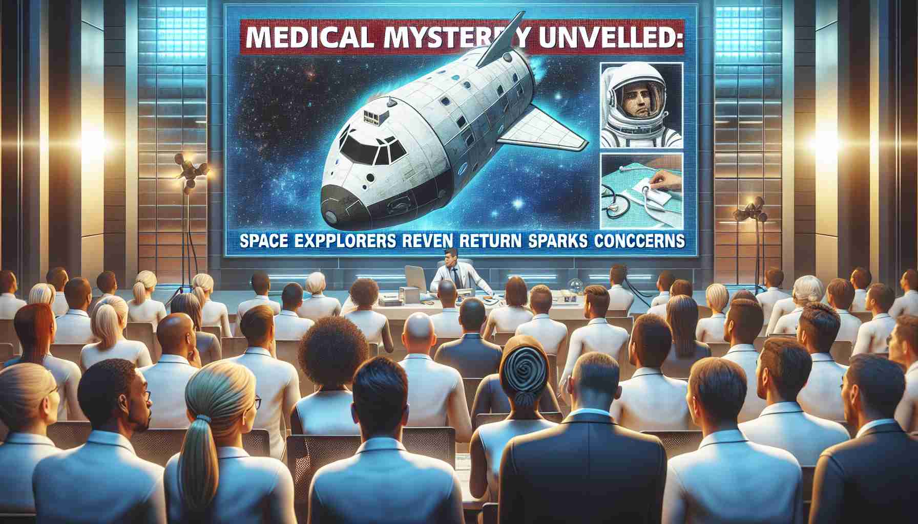 Create a realistic, high-definition graphical representation of a headline news event, reading 'Medical Mystery Unveiled: Space Explorers' Return Sparks Concerns.' The image should include elements such as a generic spacecraft returning to earth, potentially some medical equipment to signify the 'medical mystery', concerned facial expressions of ground crew in mission control. The people around mission control can be diverse with an equal distribution of men and women from various descents like Caucasian, Hispanic, Black, Middle-Eastern, and South Asian.