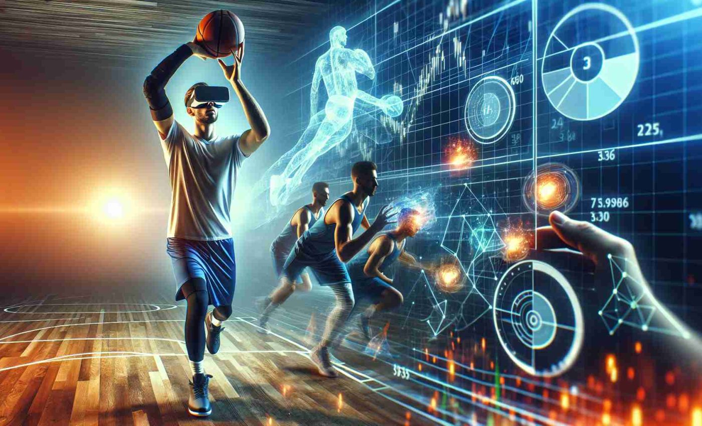 An image displaying a high definition portrayal of a generic professional basketball player's digital evolution, demonstrating the transformative impact of new technology on their gameplay. It could depict the player on the court, interacting with advanced technology such as virtual reality or AI-assisted training tools. The scene might also include data visualizations or analytics diagrams to capture the technological aspect.