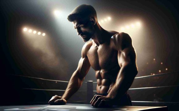 A realistic, high-definition image of a muscular and tall man, demonstrating the physique of a professional MMA fighter, facing a challenging truth. He's on the brink of an epic heavyweight showdown in the renowned fighting competition, UFC. The setting is cinematic, with dramatic lighting setting the tone and hints of the forthcoming battle. He is seen deeply focused, perhaps contemplating strategies for his upcoming fight.