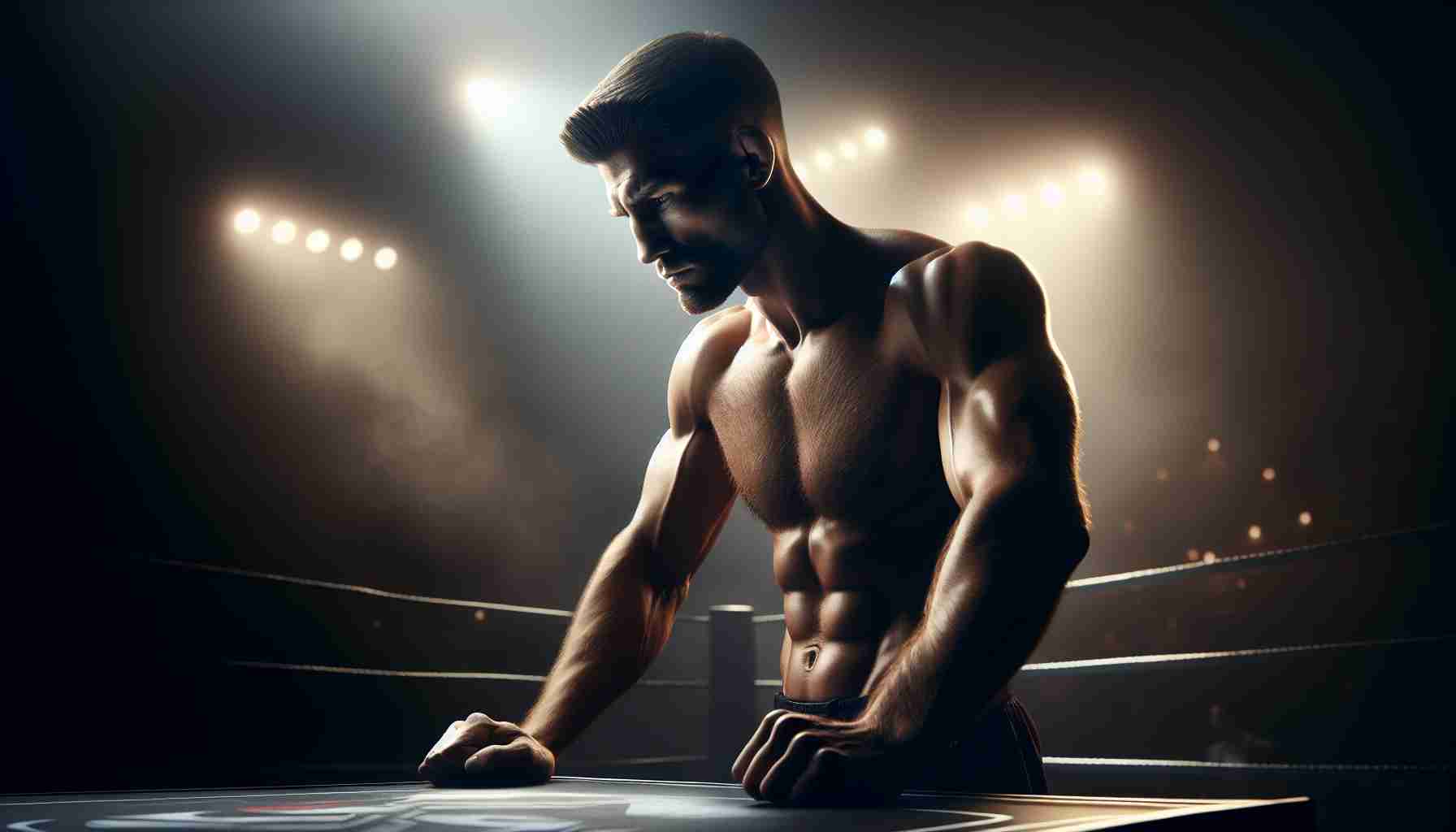 A realistic, high-definition image of a muscular and tall man, demonstrating the physique of a professional MMA fighter, facing a challenging truth. He's on the brink of an epic heavyweight showdown in the renowned fighting competition, UFC. The setting is cinematic, with dramatic lighting setting the tone and hints of the forthcoming battle. He is seen deeply focused, perhaps contemplating strategies for his upcoming fight.