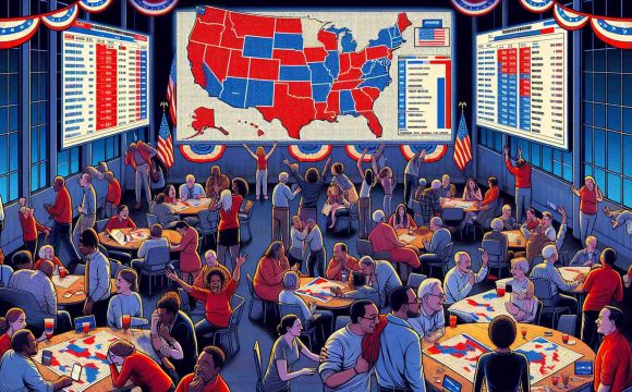 Detailed image depicting an election night in the state of Mississippi, focusing on a room filled with tension and excitement. Maps, screens, and graphics are scattered around the room illustrating the voting results. The dominant color is red, showcasing the dominance of a particular political party but not specifically named. Supporters are seen in varying states of reaction - would be jubilant, anxious, or holding their breath in anticipation. They represent various descents such as Caucasian, Black, Hispanic, and South Asian, adding to the illustration of a diverse political environment.