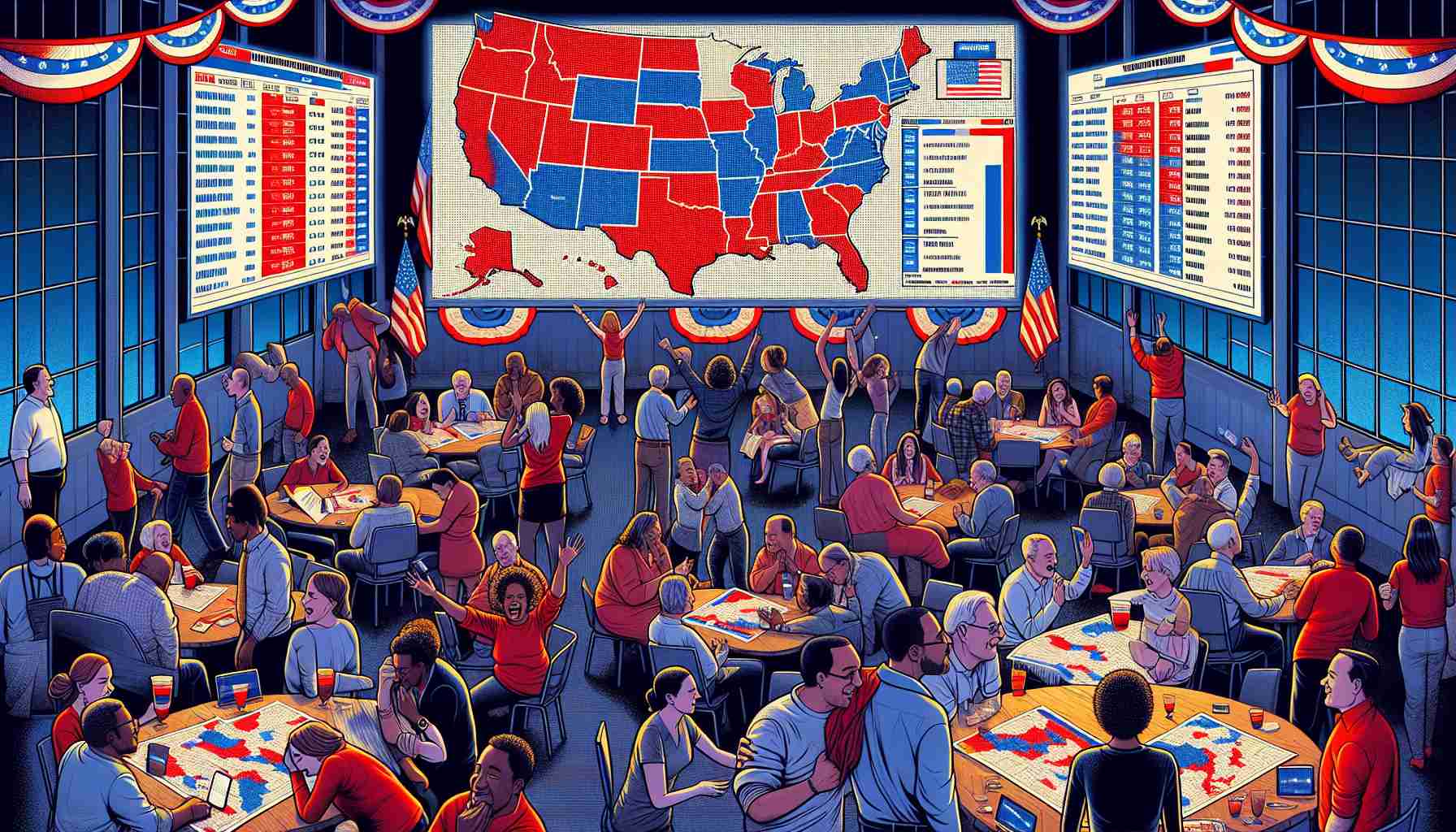 Detailed image depicting an election night in the state of Mississippi, focusing on a room filled with tension and excitement. Maps, screens, and graphics are scattered around the room illustrating the voting results. The dominant color is red, showcasing the dominance of a particular political party but not specifically named. Supporters are seen in varying states of reaction - would be jubilant, anxious, or holding their breath in anticipation. They represent various descents such as Caucasian, Black, Hispanic, and South Asian, adding to the illustration of a diverse political environment.