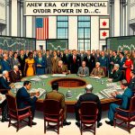 Illustration of an imagined gathering of financiers and policymakers in a grand government building discussing future financial policies. Half of the group are men of different descents such as Caucasian, Hispanic, Black, Middle-Eastern, South Asian, and White. Half of the group are women of the same descents. They are surrounded by stocks and graphs on boards. The title 'A New Era of Financial Power in D.C.' is boldly displayed at the top in a classic font.