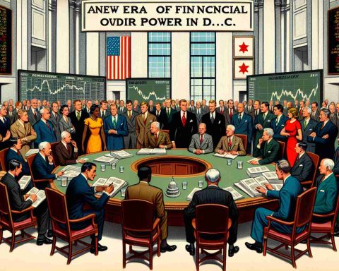 Illustration of an imagined gathering of financiers and policymakers in a grand government building discussing future financial policies. Half of the group are men of different descents such as Caucasian, Hispanic, Black, Middle-Eastern, South Asian, and White. Half of the group are women of the same descents. They are surrounded by stocks and graphs on boards. The title 'A New Era of Financial Power in D.C.' is boldly displayed at the top in a classic font.