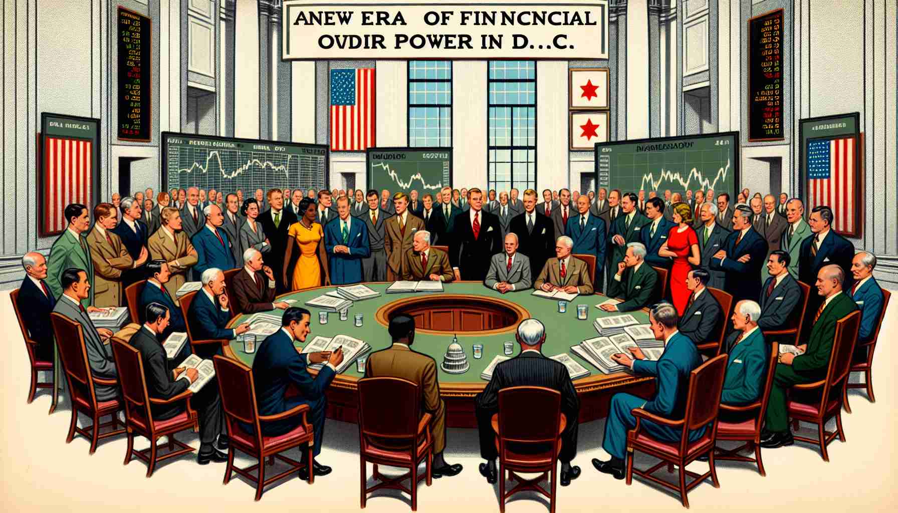 Illustration of an imagined gathering of financiers and policymakers in a grand government building discussing future financial policies. Half of the group are men of different descents such as Caucasian, Hispanic, Black, Middle-Eastern, South Asian, and White. Half of the group are women of the same descents. They are surrounded by stocks and graphs on boards. The title 'A New Era of Financial Power in D.C.' is boldly displayed at the top in a classic font.