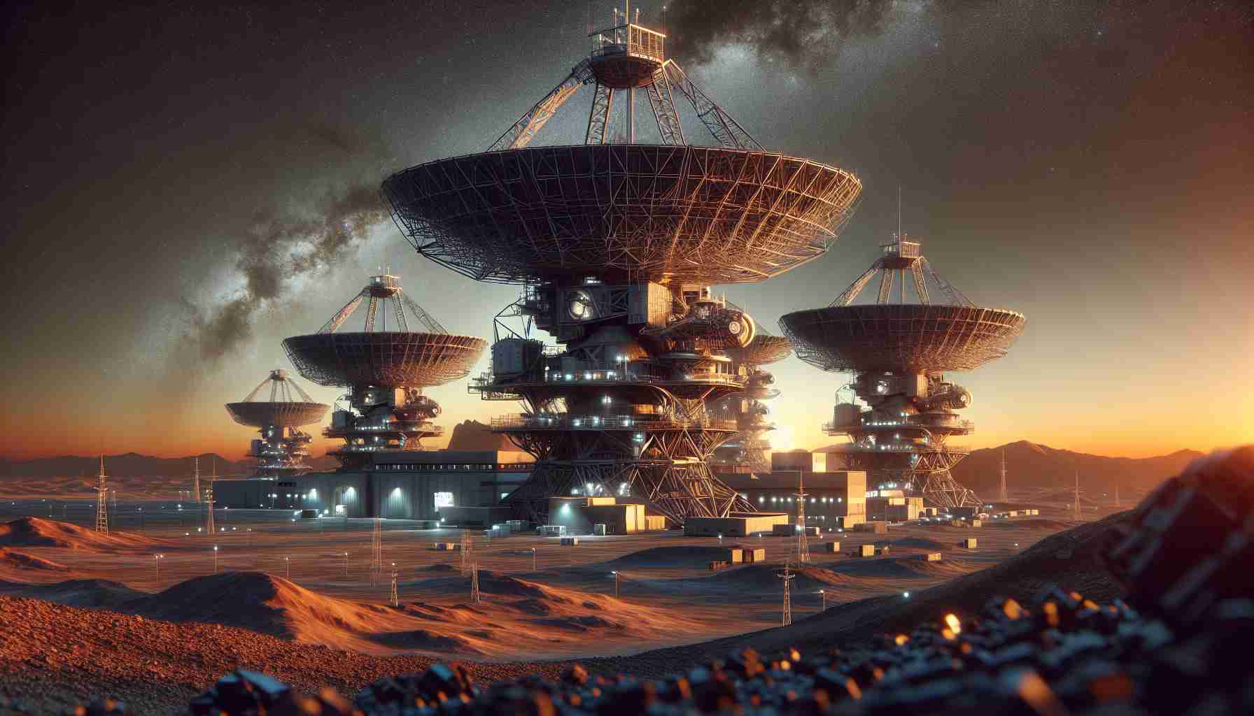 Realistic, high-definition image of satellite ground stations. The setting implies an undercurrent of industry controversy, possibly due to a licensing dilemma. The ground stations are imposing structures, bristling with high-tech equipment and loom against a dramatic backdrop of a sky, hinting at the vastness of the cosmos they interact with.