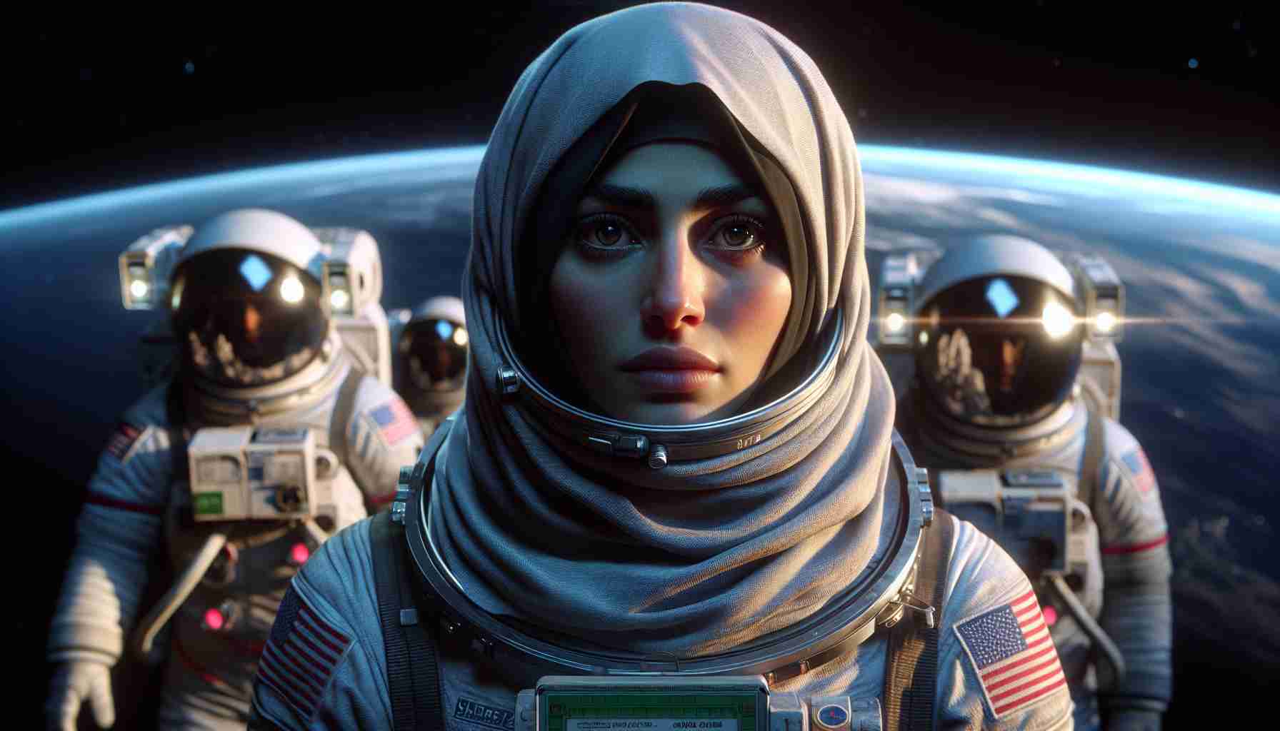 High definition, realistic image featuring astronauts returning to Earth after a record mission. One of the astronauts, a middle-eastern woman, has an air of uncertainty and concern about her, hinting at an unspecified medical mystery she might be facing.