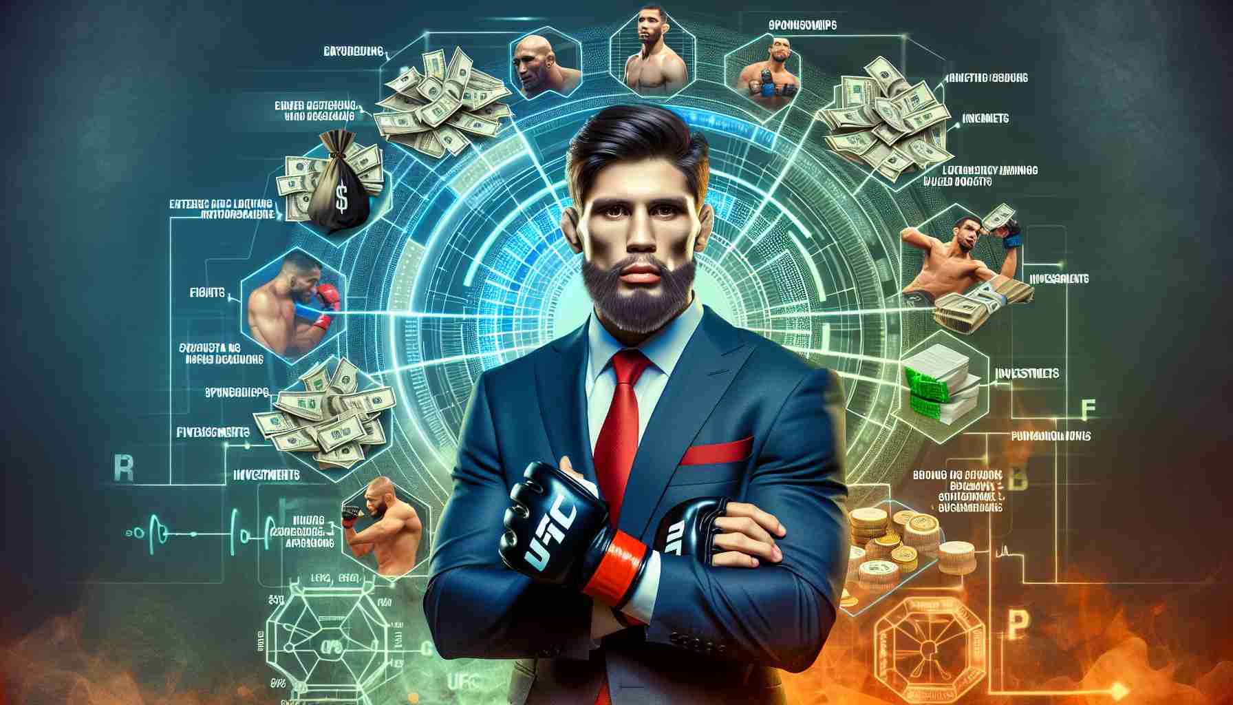 An HD image depicting the wealth accumulated by a successful professional male mixed martial arts fighter, speculating about the future earnings in UFC. Features include various sources of his income like fights, sponsorships, and investments. Also, incorporate an element of technology as a potential twist in future earnings.