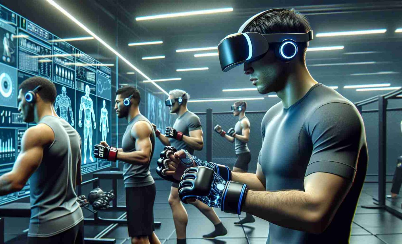 A high definition, realistic image that imagines the future of the Ultimate Fighting Championship (UFC). Picture this: Artificial Intelligence (AI) coaches providing guidance to fighters who are honing their skills. The athletes, a diverse range of men and women from various descents, are seen using futuristic virtual reality headsets and gloves for training. They are engrossed in their intense workout in a well-equipped, modern training gym with digital screens displaying training stats and live data. The light in the room is cool and sharp, emphasizing the advanced technology they're using. 