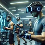 A high definition, realistic image that imagines the future of the Ultimate Fighting Championship (UFC). Picture this: Artificial Intelligence (AI) coaches providing guidance to fighters who are honing their skills. The athletes, a diverse range of men and women from various descents, are seen using futuristic virtual reality headsets and gloves for training. They are engrossed in their intense workout in a well-equipped, modern training gym with digital screens displaying training stats and live data. The light in the room is cool and sharp, emphasizing the advanced technology they're using.