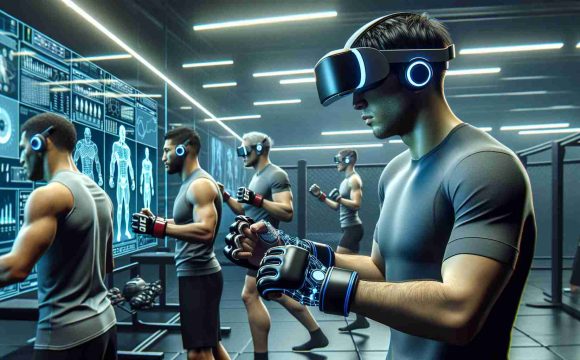 A high definition, realistic image that imagines the future of the Ultimate Fighting Championship (UFC). Picture this: Artificial Intelligence (AI) coaches providing guidance to fighters who are honing their skills. The athletes, a diverse range of men and women from various descents, are seen using futuristic virtual reality headsets and gloves for training. They are engrossed in their intense workout in a well-equipped, modern training gym with digital screens displaying training stats and live data. The light in the room is cool and sharp, emphasizing the advanced technology they're using. 