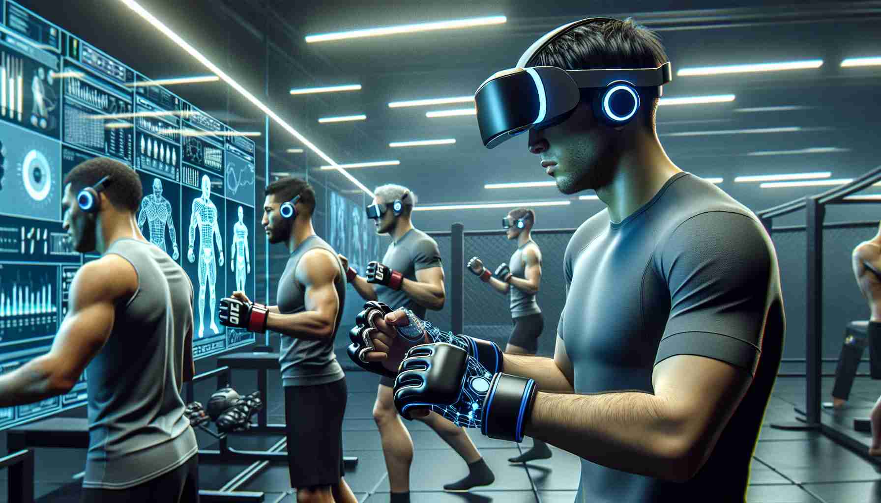 A high definition, realistic image that imagines the future of the Ultimate Fighting Championship (UFC). Picture this: Artificial Intelligence (AI) coaches providing guidance to fighters who are honing their skills. The athletes, a diverse range of men and women from various descents, are seen using futuristic virtual reality headsets and gloves for training. They are engrossed in their intense workout in a well-equipped, modern training gym with digital screens displaying training stats and live data. The light in the room is cool and sharp, emphasizing the advanced technology they're using.