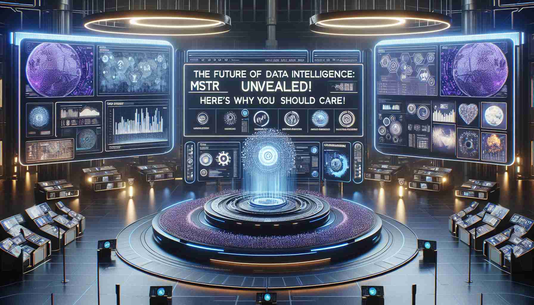 Create a realistic High Definition image that encapsulates the theme of future data intelligence. The scene should depict an advanced, technology-rich environment with futuristic gadgets and interfaces. In the center, create a main visual element, symbolizing unveiling or revelation of data intelligence. Include around this element visual representations or symbols of why this should matter to viewers, such as improved efficiency, better decision making or societal advancements. Please include a digital screen displaying the text 'The Future of Data Intelligence: MSTR Unveiled! Here’s Why You Should Care'.