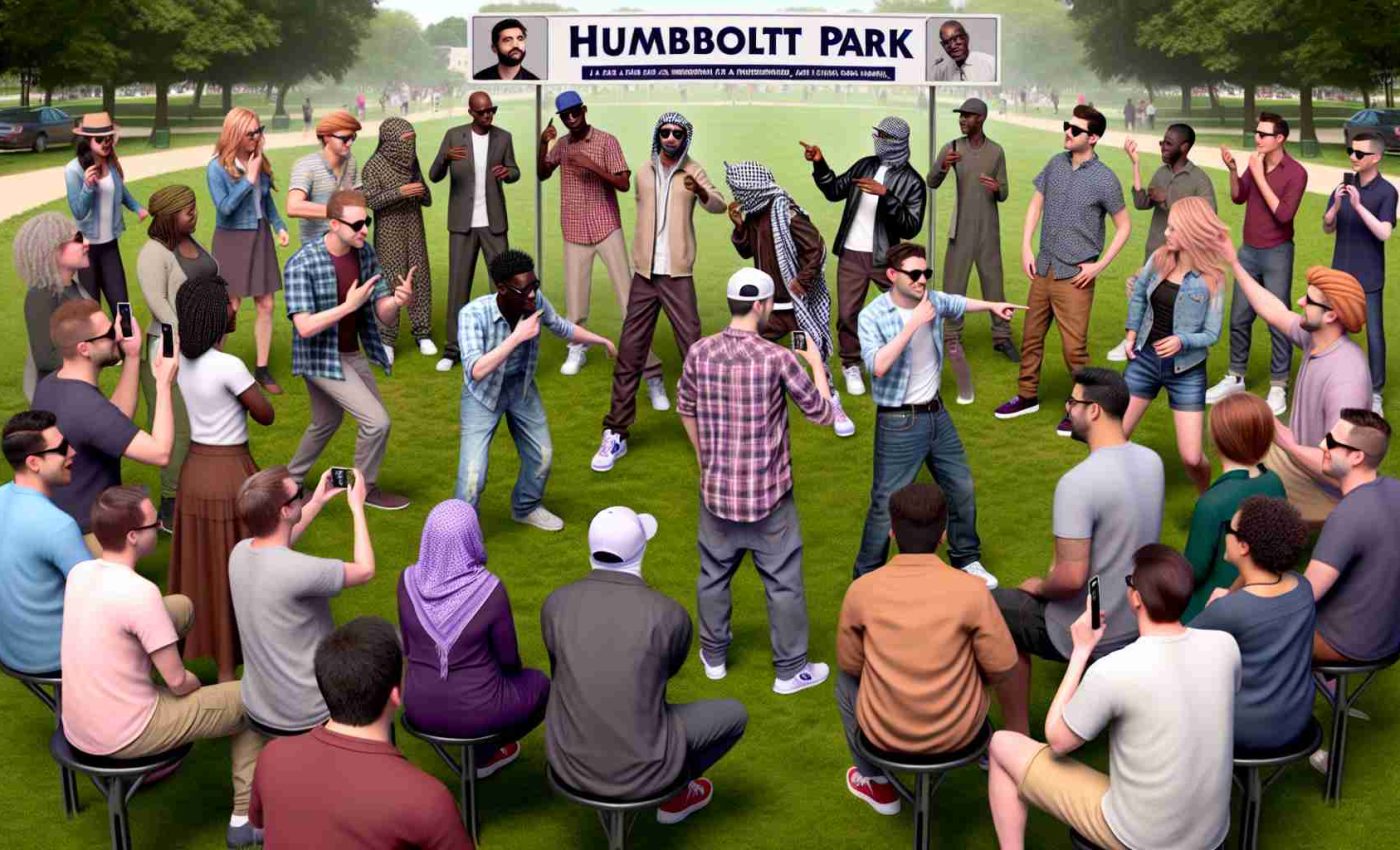 A high-definition, realistic illustration of a humorous event taking place at Humboldt Park. Several individuals, each bearing a striking resemblance to each other, are participating in a friendly competition to see who styled their outfit best. The participants vary in gender and ancestry, including Caucasian, Black, Hispanic, Middle-Eastern, and South Asian individuals. Capture the comedic and fun-filled atmosphere of the showdown.