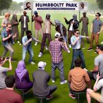 A high-definition, realistic illustration of a humorous event taking place at Humboldt Park. Several individuals, each bearing a striking resemblance to each other, are participating in a friendly competition to see who styled their outfit best. The participants vary in gender and ancestry, including Caucasian, Black, Hispanic, Middle-Eastern, and South Asian individuals. Capture the comedic and fun-filled atmosphere of the showdown.