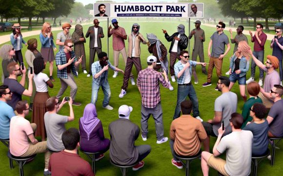 A high-definition, realistic illustration of a humorous event taking place at Humboldt Park. Several individuals, each bearing a striking resemblance to each other, are participating in a friendly competition to see who styled their outfit best. The participants vary in gender and ancestry, including Caucasian, Black, Hispanic, Middle-Eastern, and South Asian individuals. Capture the comedic and fun-filled atmosphere of the showdown.