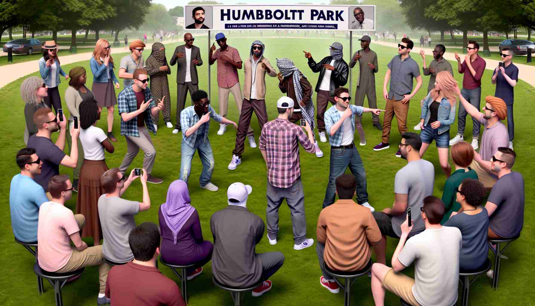 A high-definition, realistic illustration of a humorous event taking place at Humboldt Park. Several individuals, each bearing a striking resemblance to each other, are participating in a friendly competition to see who styled their outfit best. The participants vary in gender and ancestry, including Caucasian, Black, Hispanic, Middle-Eastern, and South Asian individuals. Capture the comedic and fun-filled atmosphere of the showdown.