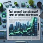 Create a high-resolution realistic image depicting the surge in a tech company's share price due to the influence of green technology. The image should include stock market graphs and icons related to green tech such as solar panels, wind turbines, and electric cars. Include a headline that says 'Tech Company's Share Price Soars! Here's How Green Tech is Fueling the Surge'.