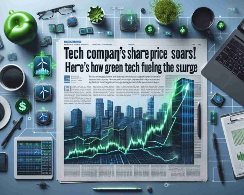 Create a high-resolution realistic image depicting the surge in a tech company's share price due to the influence of green technology. The image should include stock market graphs and icons related to green tech such as solar panels, wind turbines, and electric cars. Include a headline that says 'Tech Company's Share Price Soars! Here's How Green Tech is Fueling the Surge'.