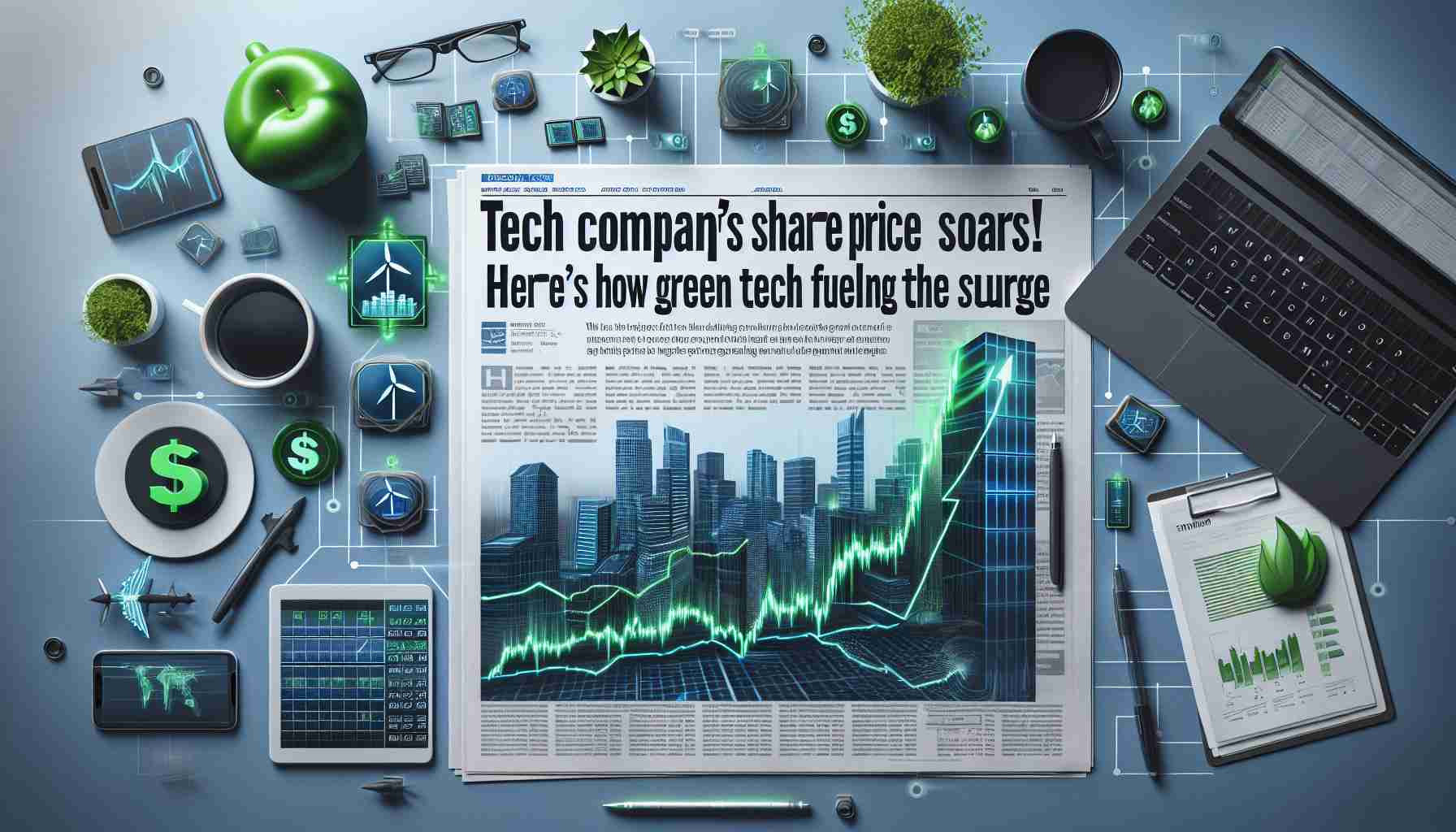 Create a high-resolution realistic image depicting the surge in a tech company's share price due to the influence of green technology. The image should include stock market graphs and icons related to green tech such as solar panels, wind turbines, and electric cars. Include a headline that says 'Tech Company's Share Price Soars! Here's How Green Tech is Fueling the Surge'.