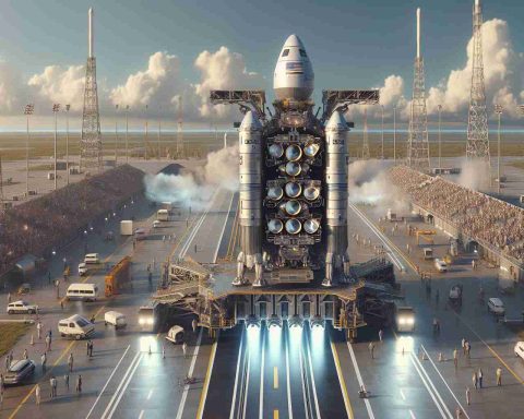 A high-definition realistic image of a spacecraft on the launch pad gearing up for lift-off. It is a sunny Saturday and the launchpad is bustling with activity. The front of the spacecraft has a specially designed compartment carrying 24 fresh satellites, ready to be deployed in orbit. Clouds are visible in the sky and the spectators are eagerly waiting in anticipation. The scene encapsulates the excitement and curiosity of space exploration and satellite technology.