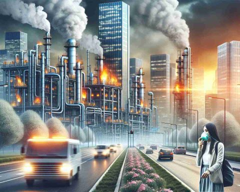 High-definition realistic image of modern urban cityscapes plagued by methane leaks. Convey a shocking aura through visual indicators like gas equipment leaking expulsions of gas, atmospheric distortions and uneasy citizens wearing protective masks. Capture the urgency of combating environmental issues, particularly focusing on methane leaks.