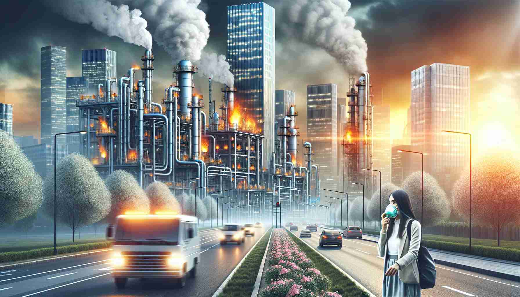 High-definition realistic image of modern urban cityscapes plagued by methane leaks. Convey a shocking aura through visual indicators like gas equipment leaking expulsions of gas, atmospheric distortions and uneasy citizens wearing protective masks. Capture the urgency of combating environmental issues, particularly focusing on methane leaks.