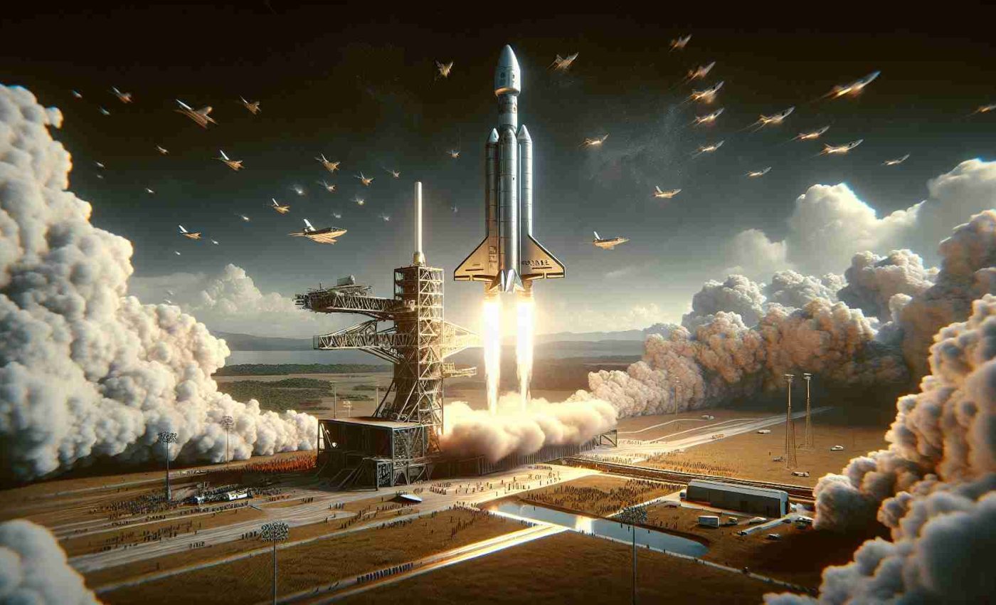 A high definition, realistic image of a historic space launch event. The scene unfolds on a day symbolizing honor and bravery - Veterans Day. A futuristic spacecraft, the design reminiscent of those used in key space exploration missions, lifts off against the backdrop of a clear sky. The spaceship, identified as Koreasat-6A, effortlessly cuts through the atmosphere, leaving a trail of smoke and fire. The surrounding area is buzzing with activity, with engineers and staff members observing this significant milestone. This is not a specific SpaceX launch, but a tribute to the spirit of space exploration.