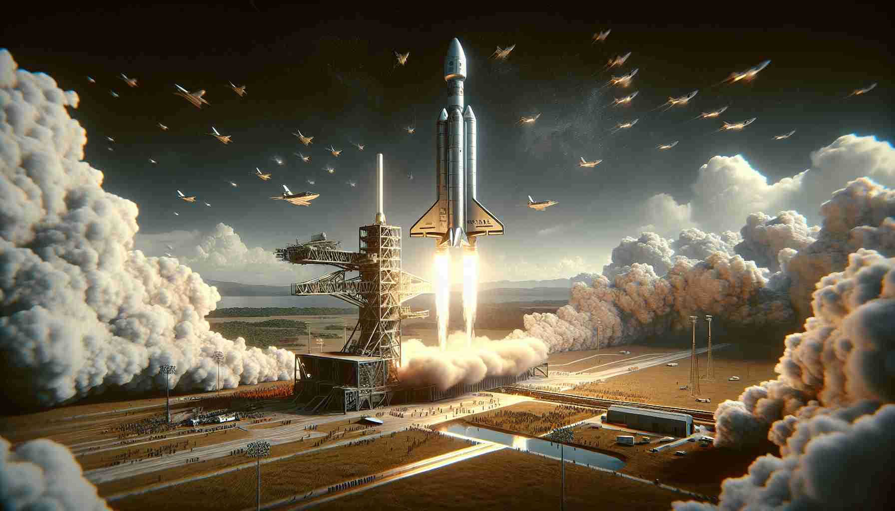 A high definition, realistic image of a historic space launch event. The scene unfolds on a day symbolizing honor and bravery - Veterans Day. A futuristic spacecraft, the design reminiscent of those used in key space exploration missions, lifts off against the backdrop of a clear sky. The spaceship, identified as Koreasat-6A, effortlessly cuts through the atmosphere, leaving a trail of smoke and fire. The surrounding area is buzzing with activity, with engineers and staff members observing this significant milestone. This is not a specific SpaceX launch, but a tribute to the spirit of space exploration.