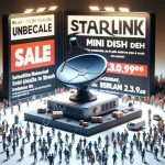 Generate a realistic, high-definition image of a satellite company initiating a special sale campaign on a miniaturized satellite dish labeled as 'Starlink Mini Dish' on Black Friday. The scene is filled with an atmosphere of excitement and anticipation. The promotional materials proudly announce the unbeatable deal, attracting swarms of enthusiastic customers.