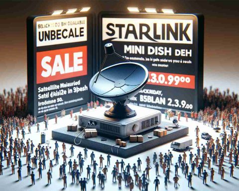 Generate a realistic, high-definition image of a satellite company initiating a special sale campaign on a miniaturized satellite dish labeled as 'Starlink Mini Dish' on Black Friday. The scene is filled with an atmosphere of excitement and anticipation. The promotional materials proudly announce the unbeatable deal, attracting swarms of enthusiastic customers.