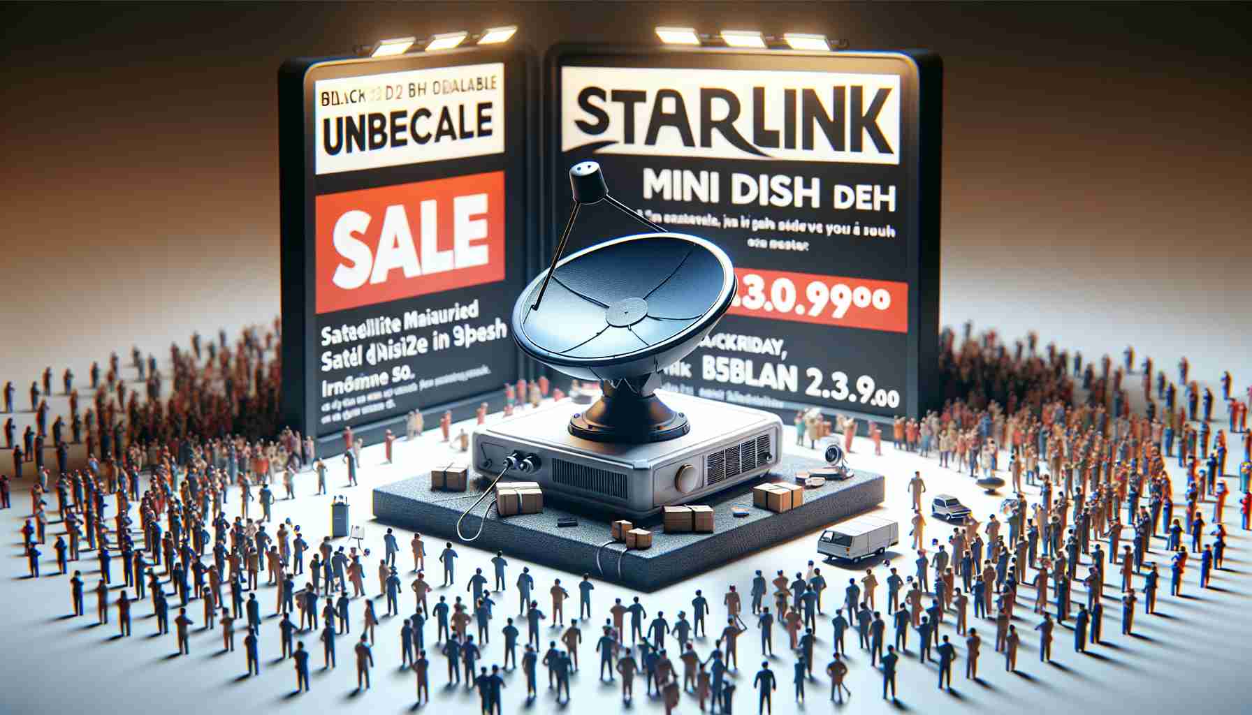 Generate a realistic, high-definition image of a satellite company initiating a special sale campaign on a miniaturized satellite dish labeled as 'Starlink Mini Dish' on Black Friday. The scene is filled with an atmosphere of excitement and anticipation. The promotional materials proudly announce the unbeatable deal, attracting swarms of enthusiastic customers.