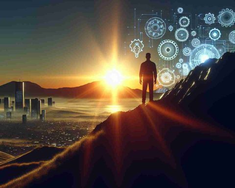 Render a realistic HD image representing the concept of the dawn of a new tech era. Include elements that symbolize innovation and forward-thinking. This scene might include the silhouette of an unknown person standing on a hilltop, watching the sunrise. Symbols of emerging technology like gears, circuitry, and digital elements can mingle with the traditional dawn landscape.